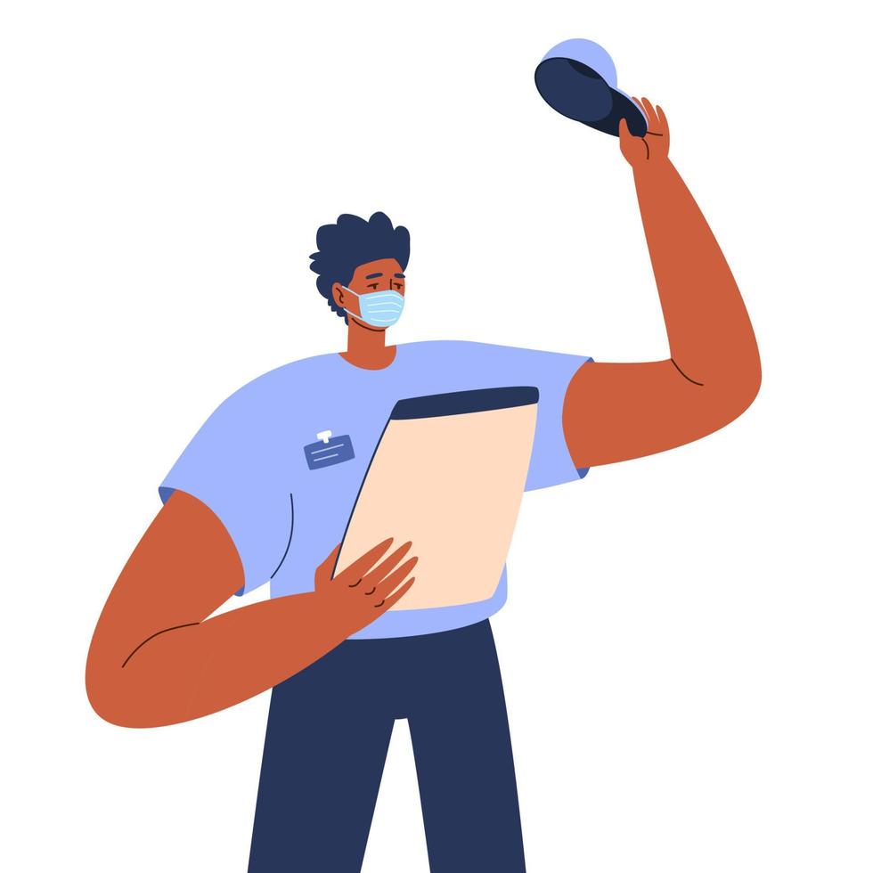 un sympathique livreur en uniforme bleu agite la main. jeune homme dans un masque de protection avec une facture à la main. illustration de stock de vecteur dans le style de dessin animé sur un fond blanc.