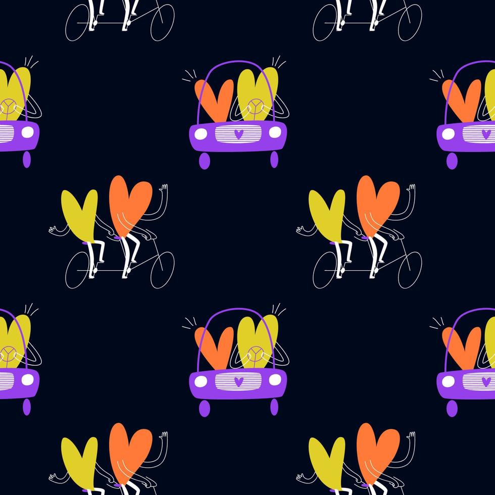 modèle sans couture avec des coeurs de dessin animé sur un vélo tandem. les couples amoureux conduisent une voiture. illustration vectorielle stock jaune avec violet sur fond sombre. vecteur