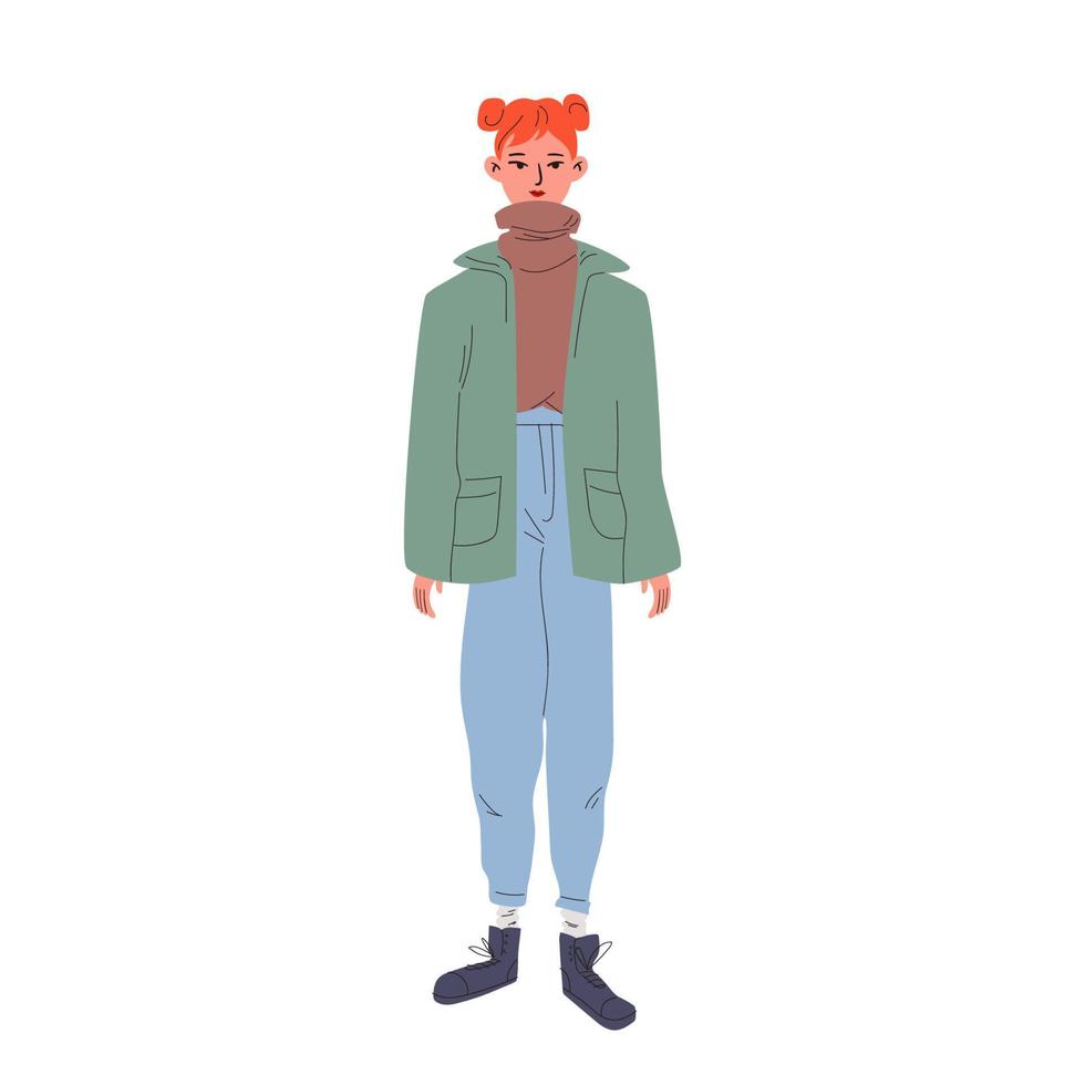 jolie fille dans une veste verte, un col roulé marron et un jean bleu avec des bottes rugueuses. jeune femme rousse dans des vêtements modernes. illustration vectorielle isolée sur fond blanc. vecteur