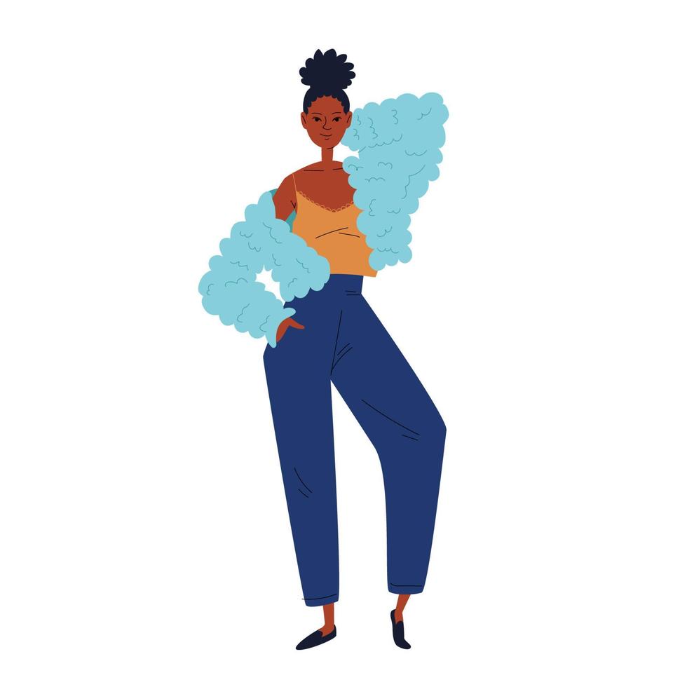 femme afro-américaine dans des vêtements à la mode. élégante jeune femme au look décontracté. illustration vectorielle de stock d'une fille à la mode en style cartoon sur fond blanc. vecteur