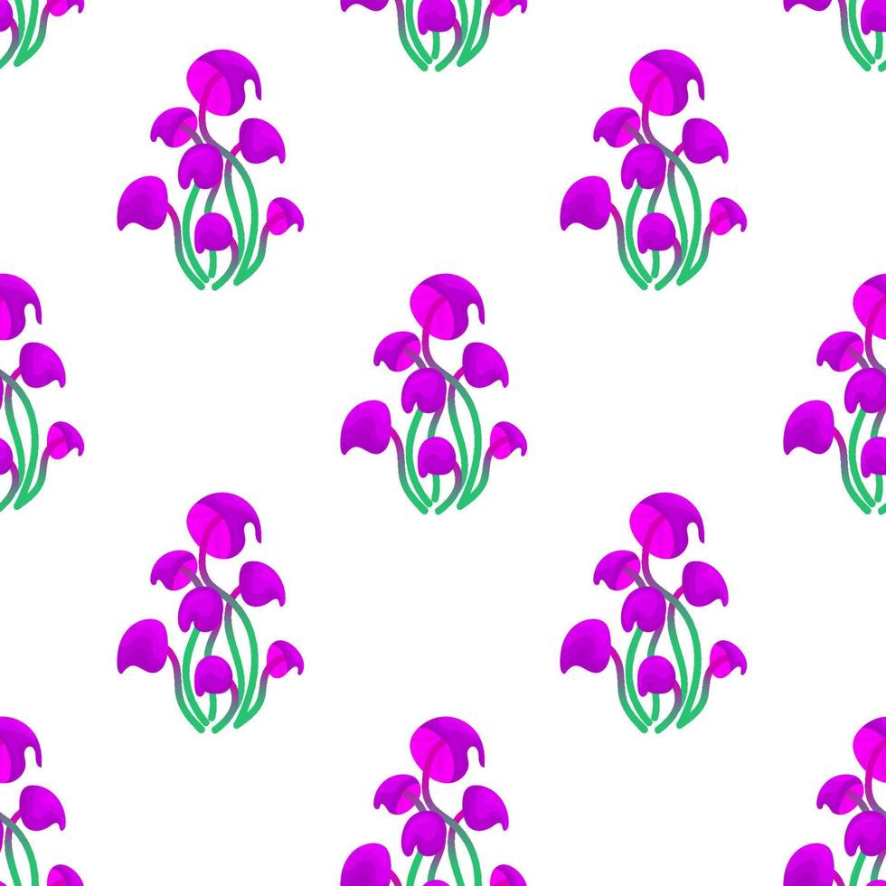 modèle sans couture avec champignons magiques sur fond blanc. un motif de champignon fantastique de chapeaux violets et de tiges vertes dans un motif en damier. illustration vectorielle d'une plante extraterrestre mystique irréelle vecteur