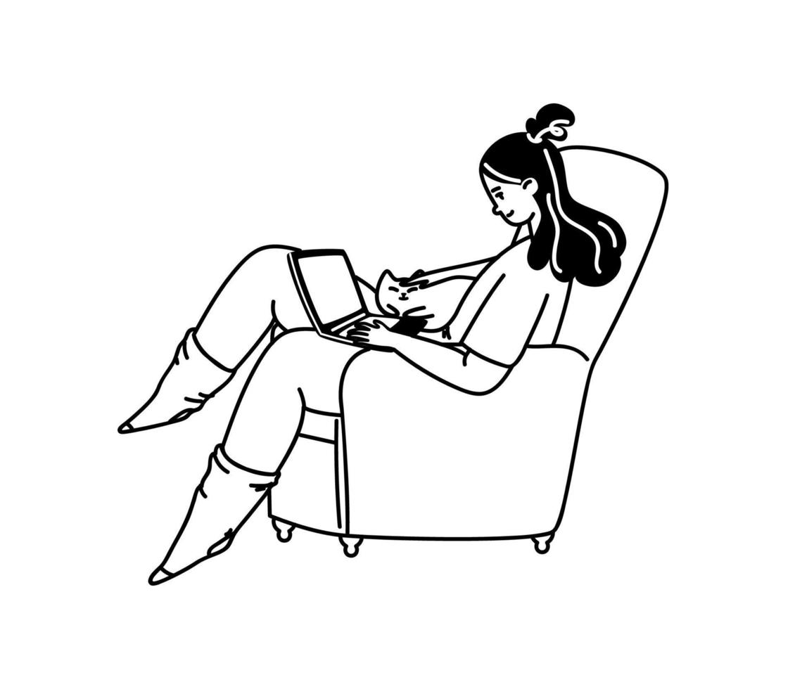 une fille de doodle dessinée à la main est assise sur une chaise avec un ordinateur portable. un lieu de travail confortable à la maison avec votre chat bien-aimé. illustration vectorielle stock d'une pigiste femme noire sur fond blanc. vecteur