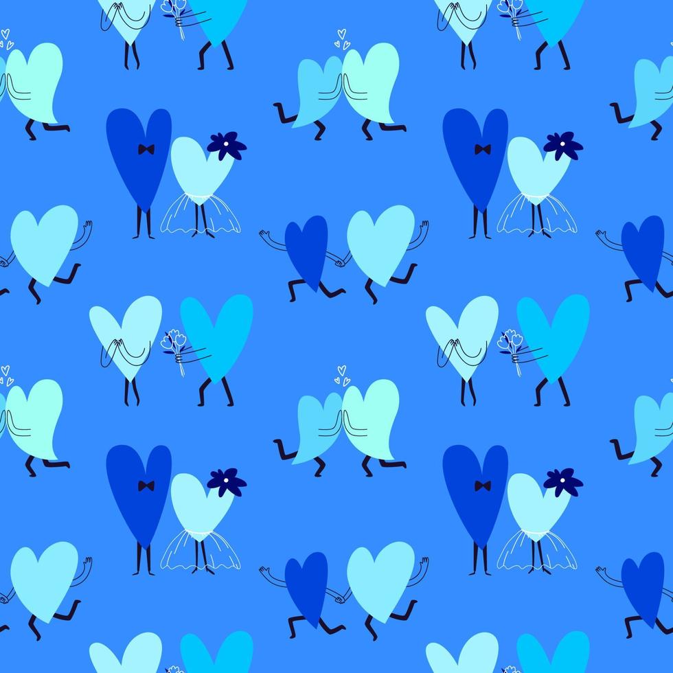 motif bleu transparent avec des coeurs de dessin animé. les couples amoureux de différentes nuances s'embrassent remplis de sentiments et offrent des cadeaux. illustration de stock de vecteur dans des couleurs bleues.