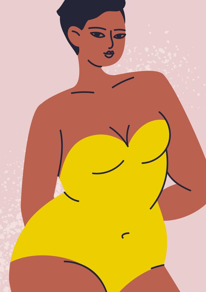 une affiche avec une femme en maillot de bain jaune sans bretelles. gros plan d'une jeune femme bronzée avec une courte coupe de cheveux en lingerie. beau personnage féminin à la peau bronzée. illustration de stock de vecteur dans le carto