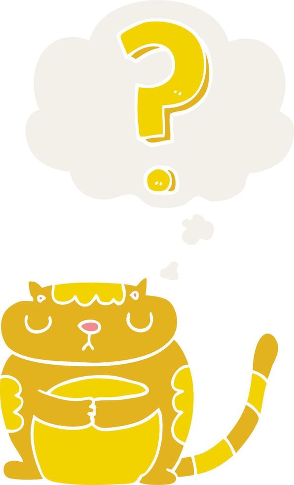 chat de dessin animé avec point d'interrogation et bulle de pensée dans un style rétro vecteur