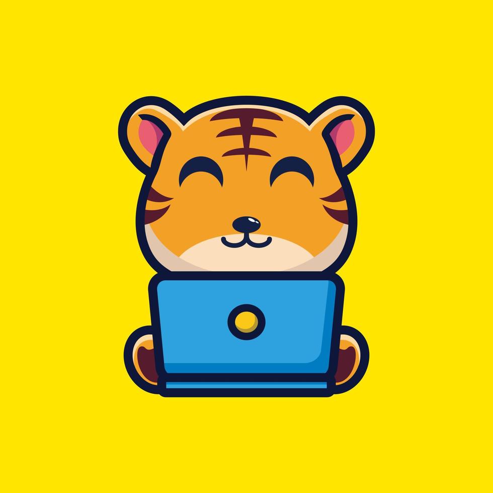 dessin animé mignon de tigre travaillant devant un ordinateur portable. technologie animale icône illustration concept vecteur premium
