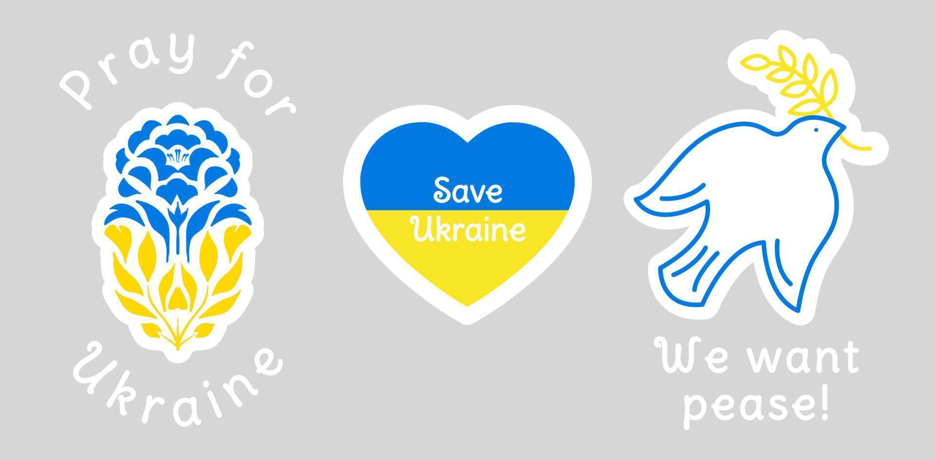 autocollants en faveur de l'ukraine, drapeau ukrainien avec jeu d'icônes de concept de prière pour l'ukraine. illustration vectorielle vecteur