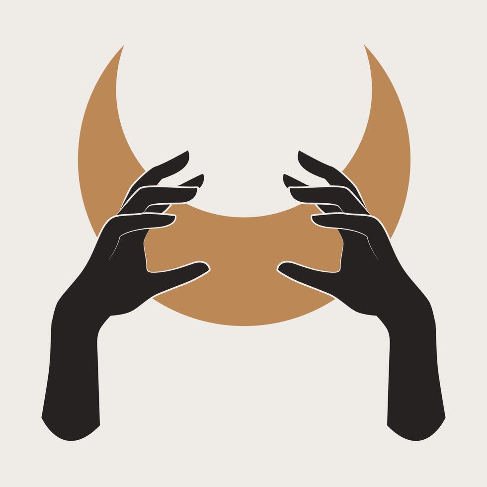 logo de mains féminines mystiques dans un style linéaire minimal. création de logo vectoriel. modèles avec divers gestes de la main, lune, étoiles et cristaux. pour les cosmétiques, la beauté, le tatouage, le spa, la manucure, la bijouterie vecteur