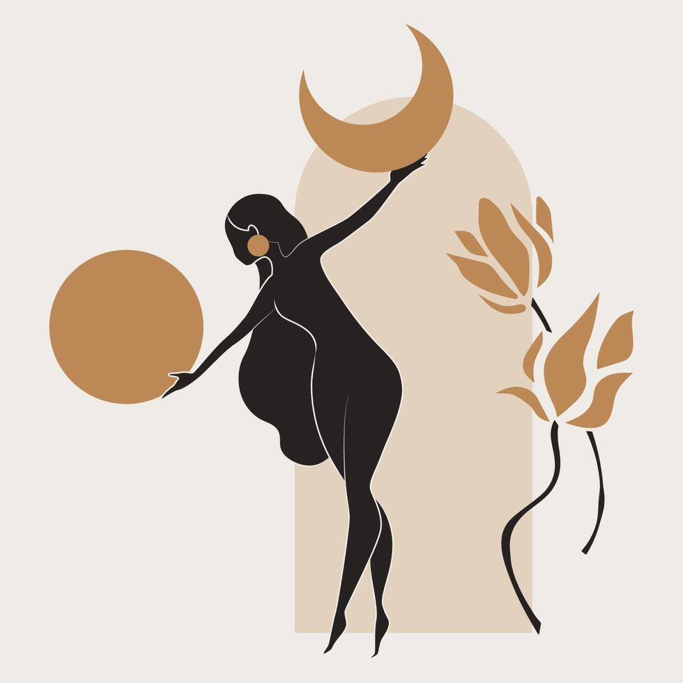 art mural féminin or et noir, ensemble vectoriel. dessin artistique d'une silhouette sous une forme mystique et abstraite. conception abstraite d'art corporel pour l'impression, la couverture, le papier peint, l'art mural minimal. vecteur