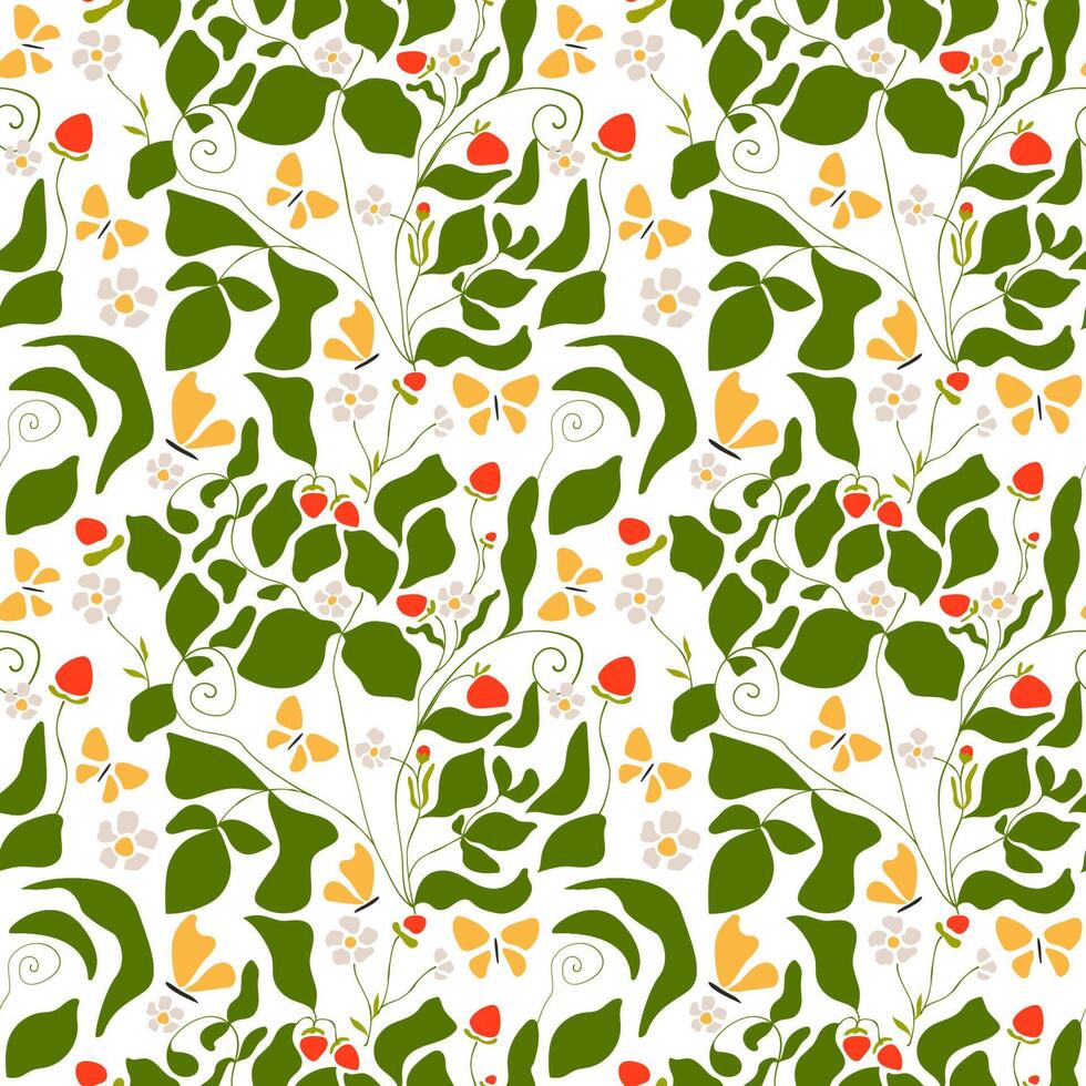 modèle sans couture de fruits. fraise, papillons et fleur. fond vintage romantique pour textile, tissu, papier décoratif. vecteur