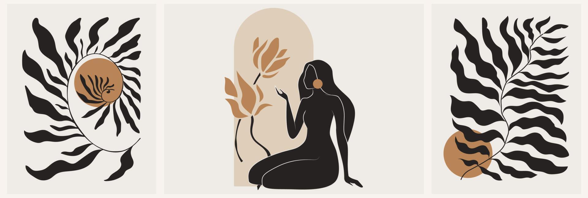 ensemble d'art mural féminin or et noir, ensemble vectoriel. dessin artistique d'une silhouette sous une forme mystique et abstraite. conception abstraite d'art corporel pour l'impression, la couverture, le papier peint, l'art mural minimal. vecteur