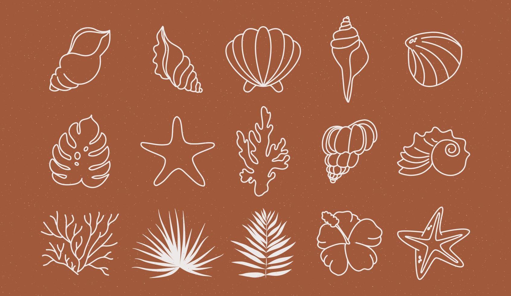 icônes d'été serties de coraux, de feuilles de palmier et de coquillages. jolie mer, océan et fond marron avec du sable. pour les médias sociaux, la location de logement et les services de voyage. vecteur