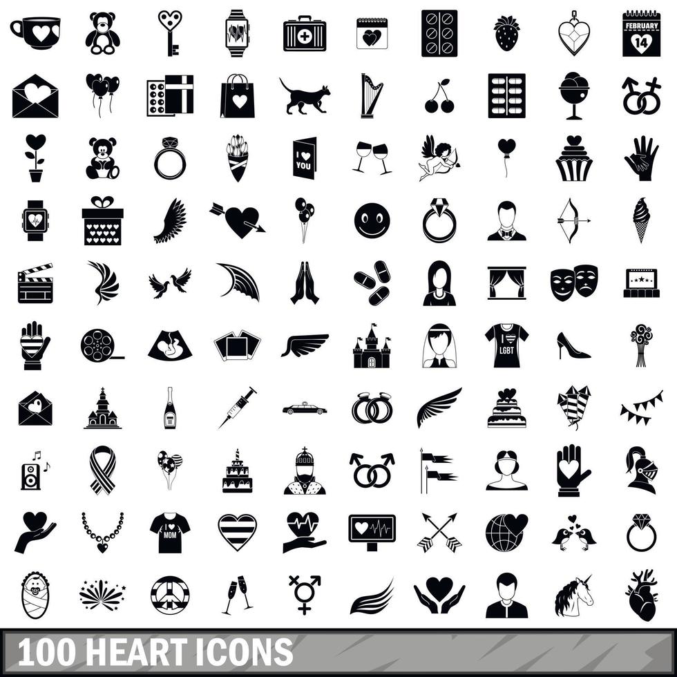 Ensemble de 100 icônes de coeur, style simple vecteur