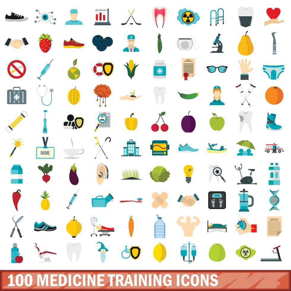 Ensemble de 100 icônes de formation en médecine, style plat vecteur