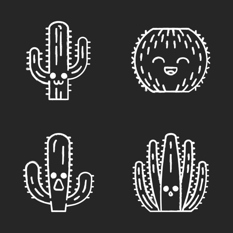 ensemble d'icônes de craie de cactus. plantes aux visages souriants. cactus baril qui rit. cactus éléphant étonné. cactus sauvages. jardin botanique. plantes succulentes. illustrations de tableau de vecteur isolé