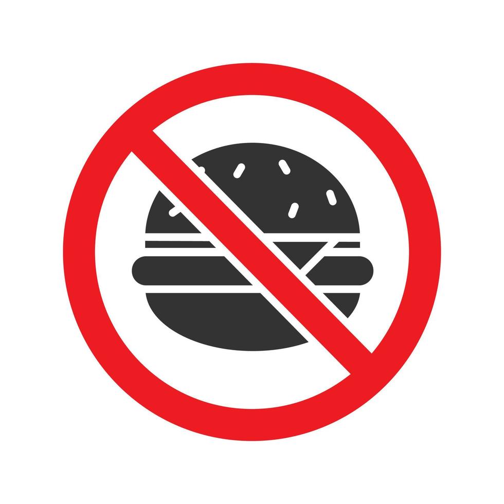 signe interdit avec l'icône de glyphe de hamburger. arrêtez le symbole de la silhouette. pas d'interdiction de restauration rapide. espace négatif. illustration vectorielle isolée vecteur