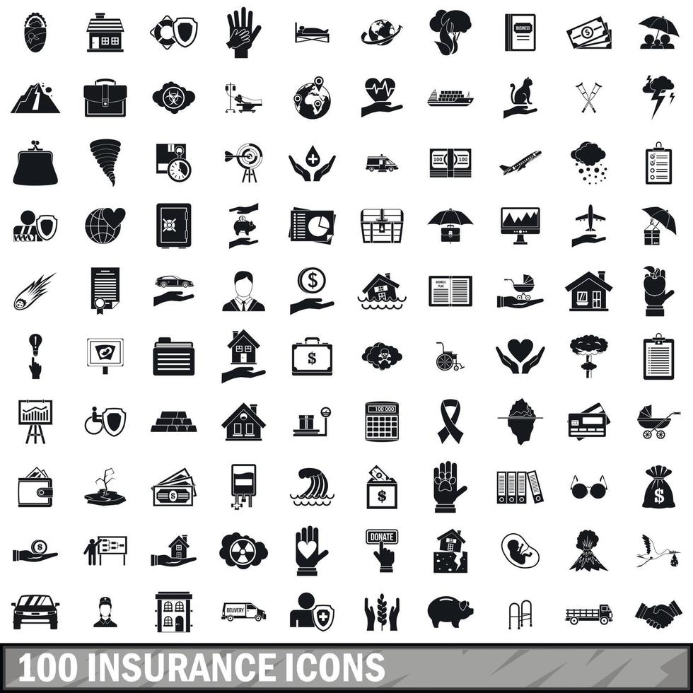 Ensemble de 100 icônes d'assurance, style simple vecteur