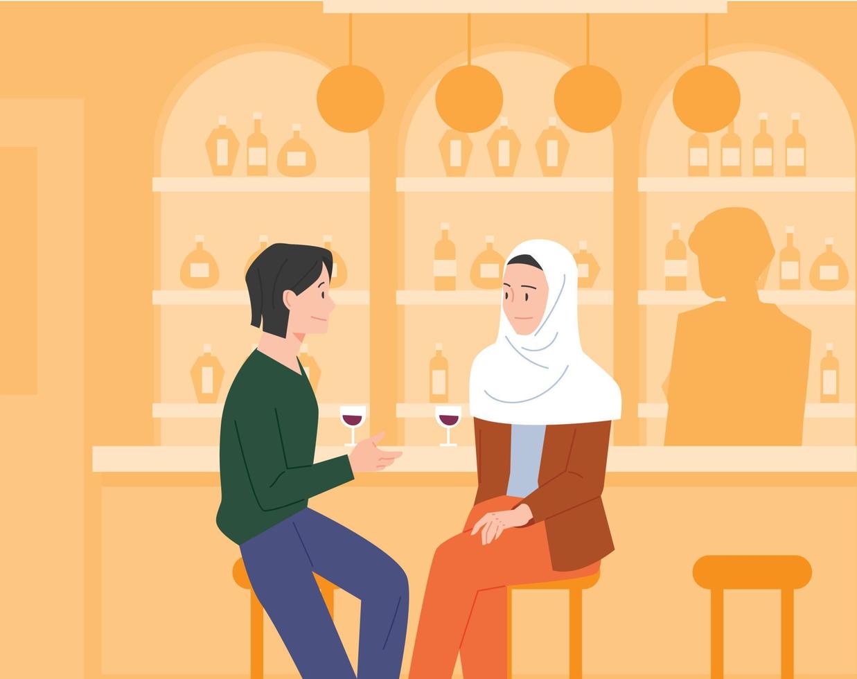 deux amis boivent du vin dans un bar et discutent. une femme porte un hijab. vecteur