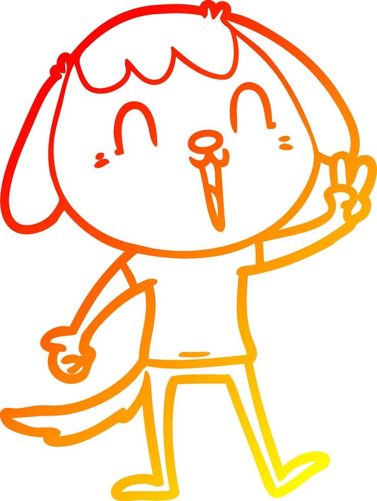 ligne de gradient chaud dessinant un chien de dessin animé heureux donnant un signe de paix vecteur
