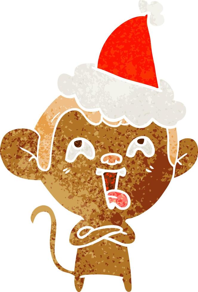 dessin animé rétro fou d'un singe portant un bonnet de noel vecteur