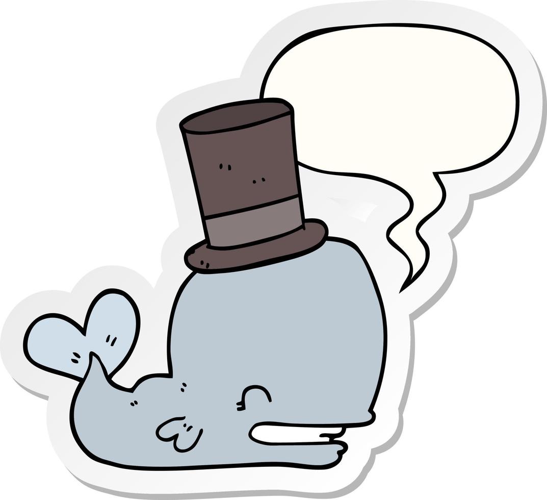 baleine de dessin animé portant un chapeau haut de forme et un autocollant de bulle vecteur