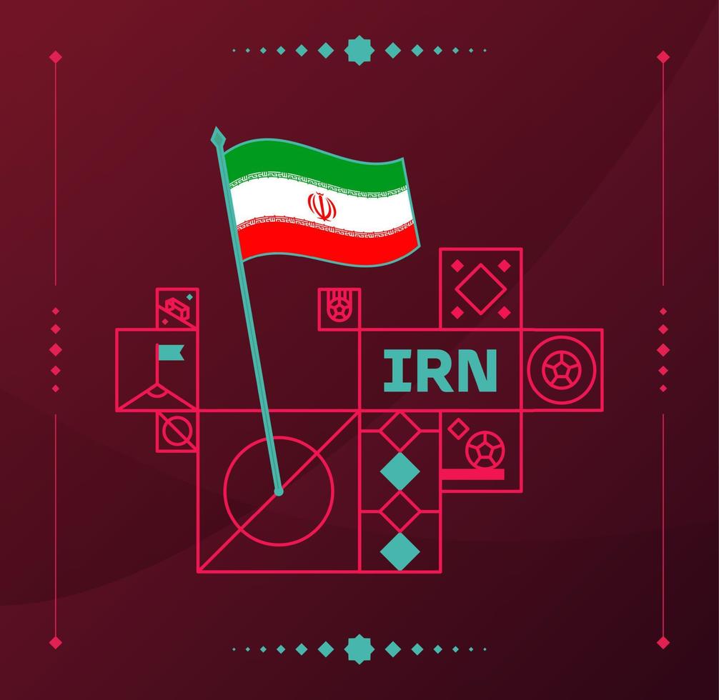 Drapeau ondulé vectoriel du tournoi mondial de football d'Iran 2022 épinglé sur un terrain de football avec des éléments de conception. phase finale du tournoi mondial de football 2022. couleurs et style non officiels du championnat.