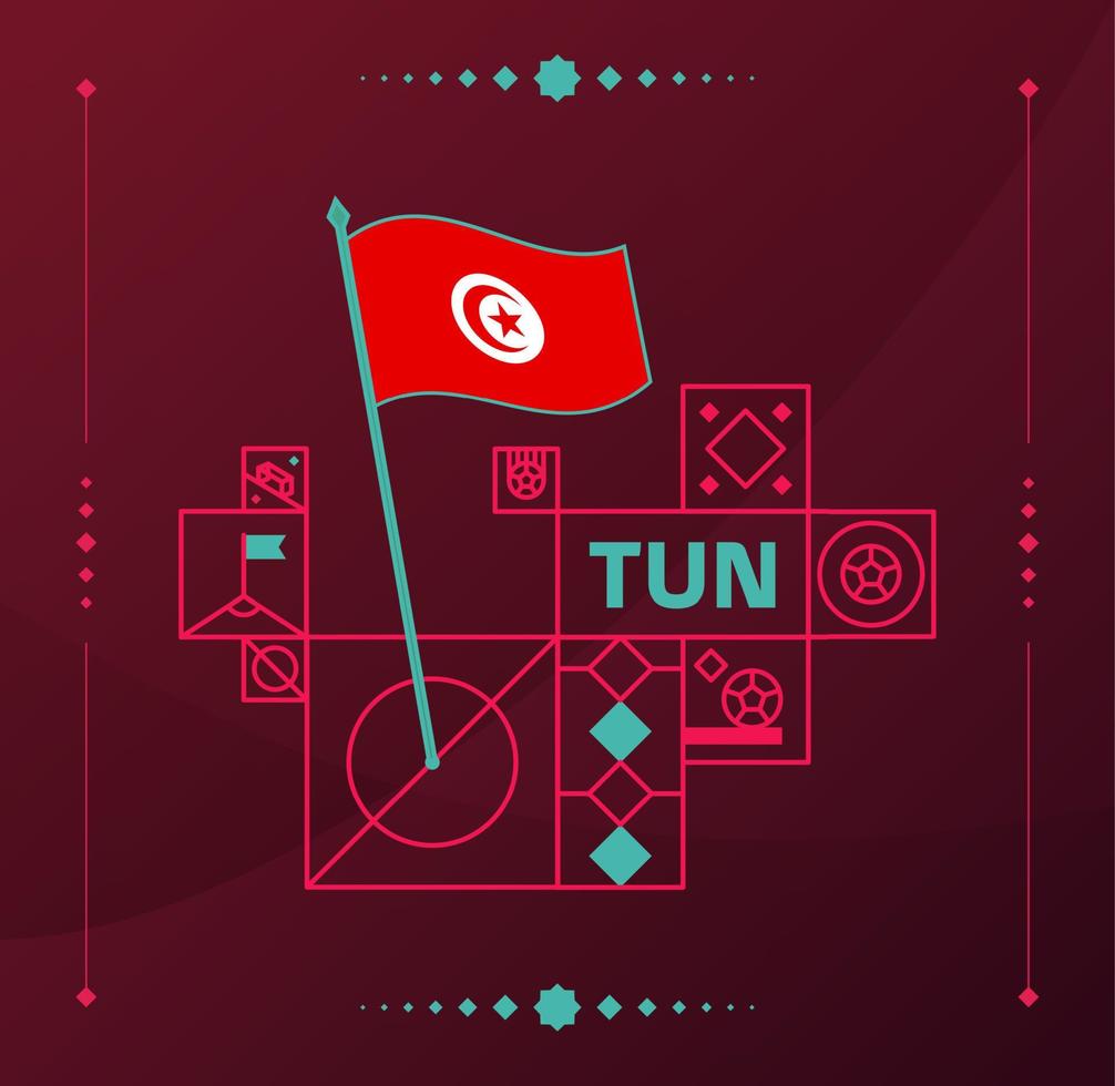 drapeau ondulé vectoriel du tournoi mondial de football de tunisie 2022 épinglé sur un terrain de football avec des éléments de conception. phase finale du tournoi mondial de football 2022. couleurs et style non officiels du championnat.