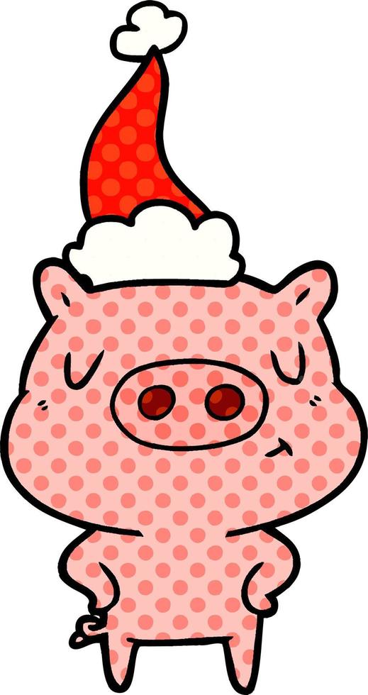 illustration de style bande dessinée d'un cochon de contenu portant un bonnet de noel vecteur
