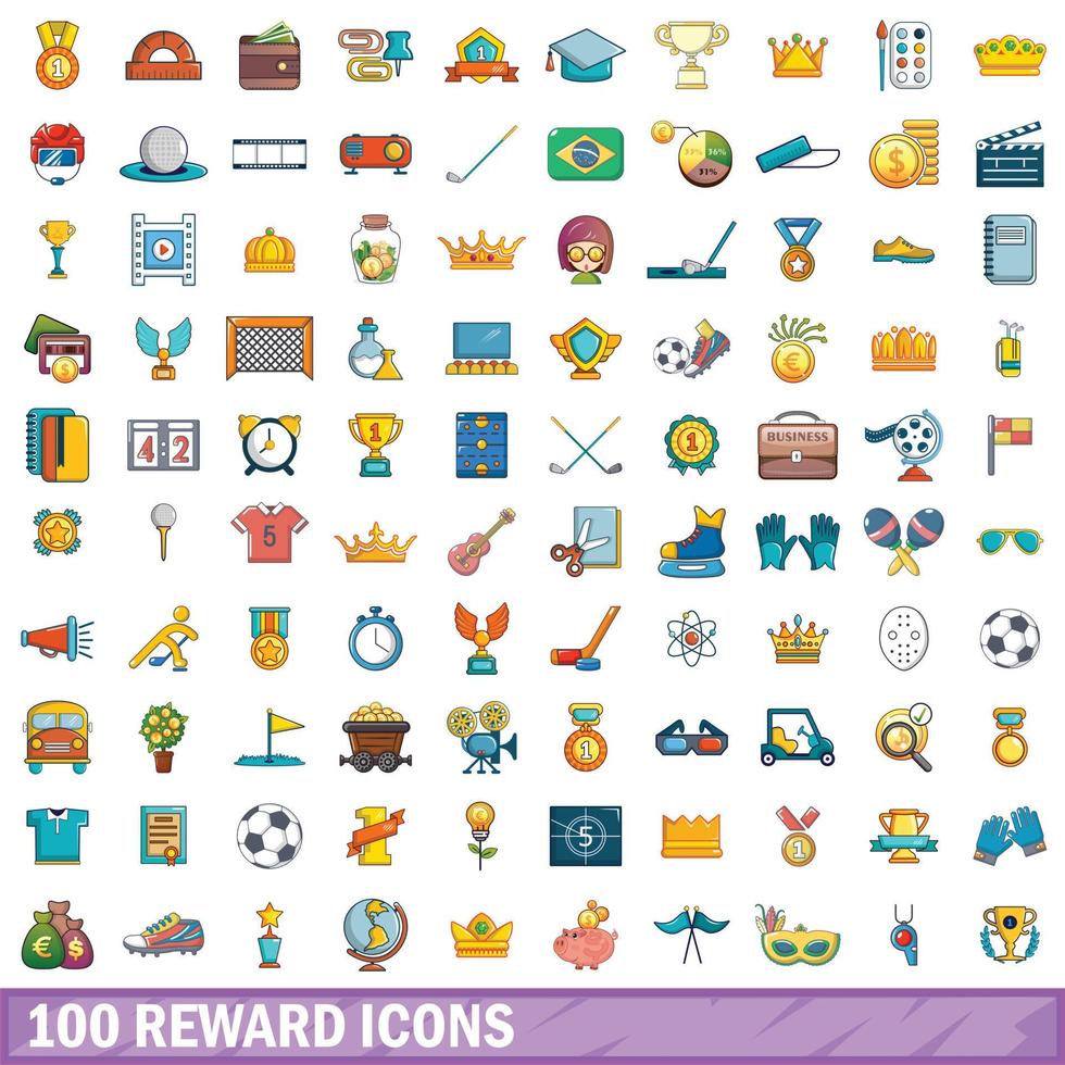 Ensemble de 100 icônes de récompense, style cartoon vecteur