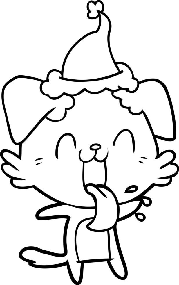 dessin au trait d'un chien haletant portant un bonnet de noel vecteur