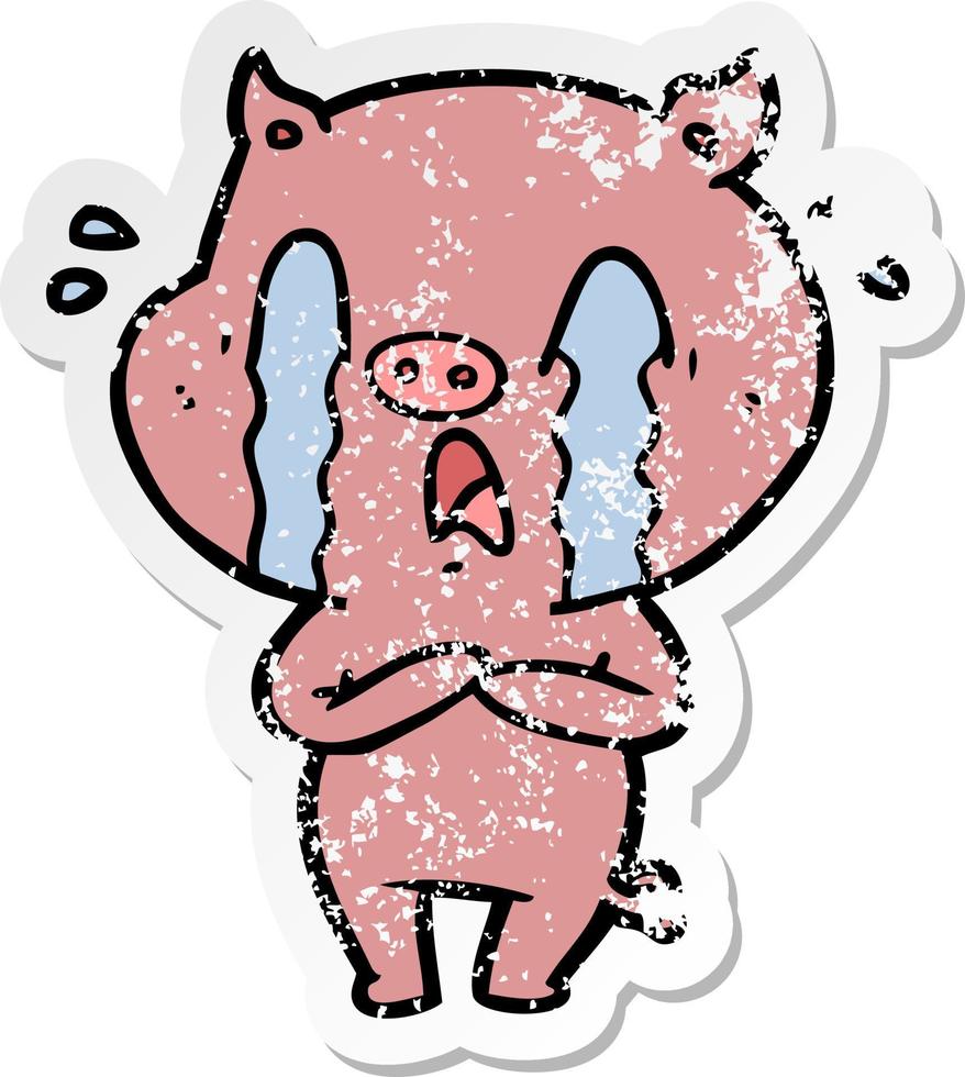 autocollant en détresse d'un dessin animé de cochon qui pleure vecteur