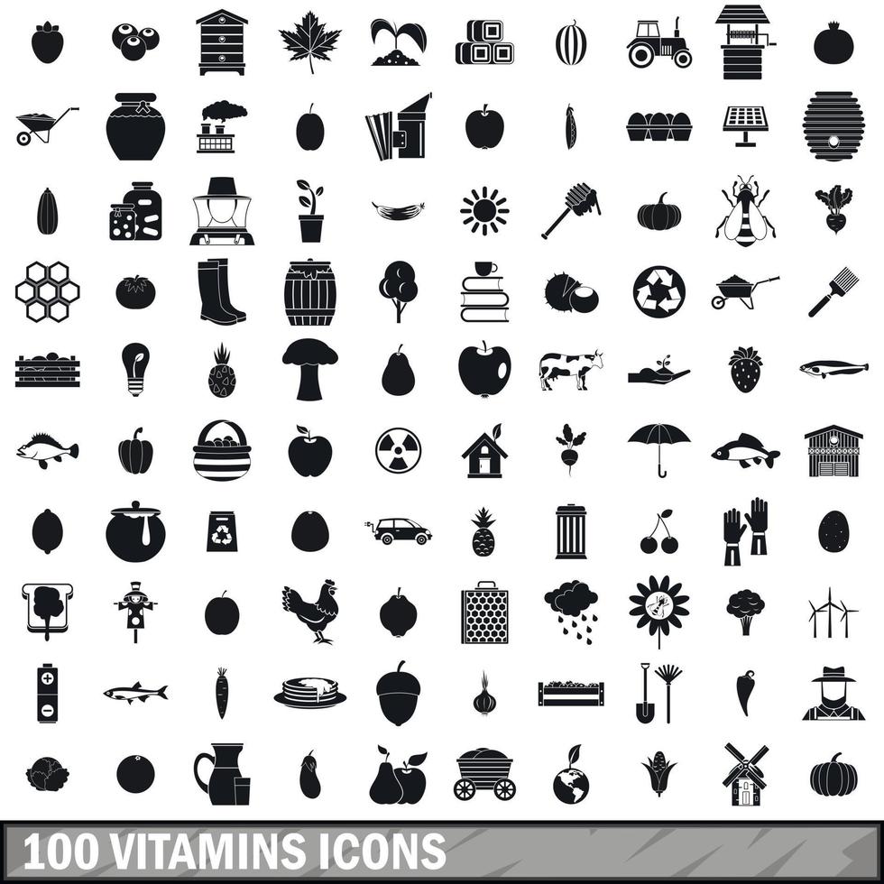 Ensemble d'icônes de 100 vitamines, style simple vecteur