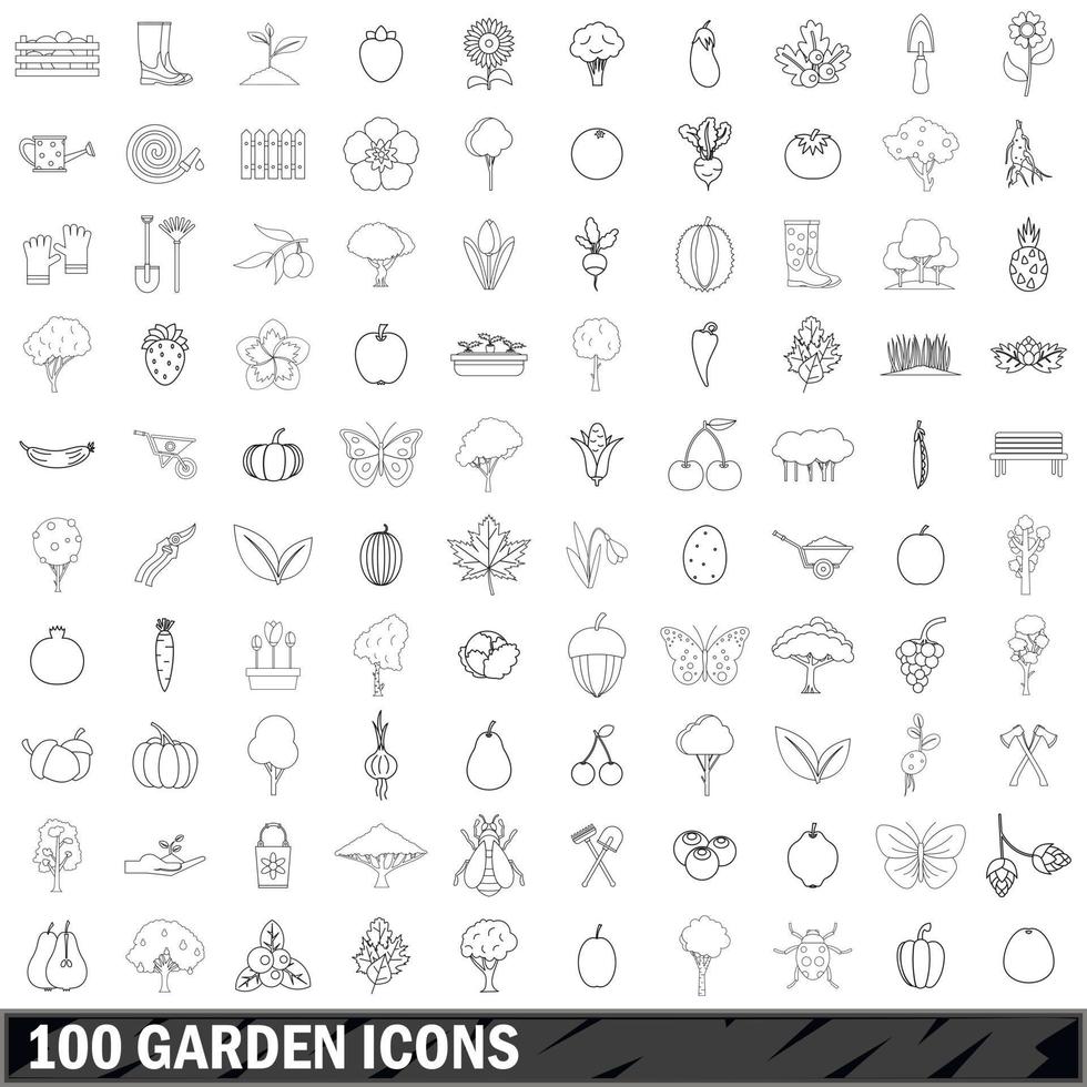Ensemble de 100 icônes de jardin, style de contour vecteur