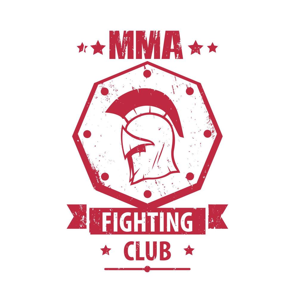 logo du club de combat mma, emblème, insigne avec casque spartiate, t-shirt rouge imprimé isolé sur blanc, illustration vectorielle vecteur