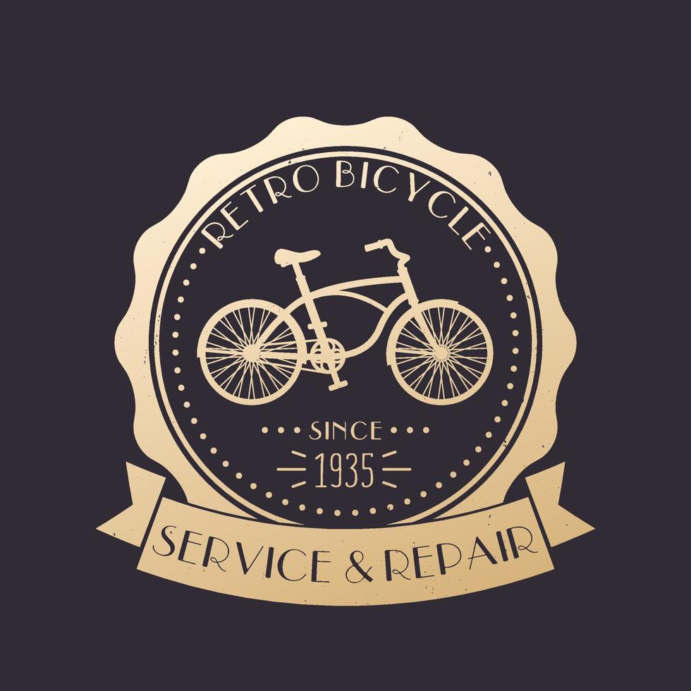 service et réparation de vélos rétro logo vintage, emblème avec vieux vélo, or sur noir vecteur