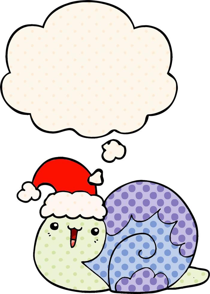 dessin animé mignon escargot de noël et bulle de pensée dans le style de la bande dessinée vecteur