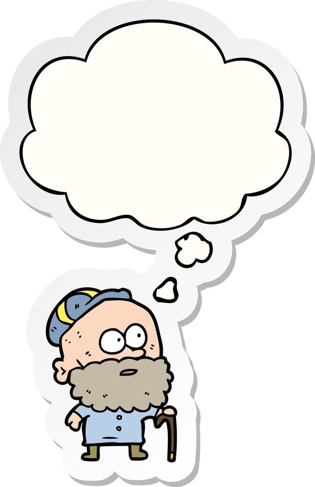 dessin animé vieil homme avec une canne et une bulle de pensée comme un autocollant imprimé vecteur