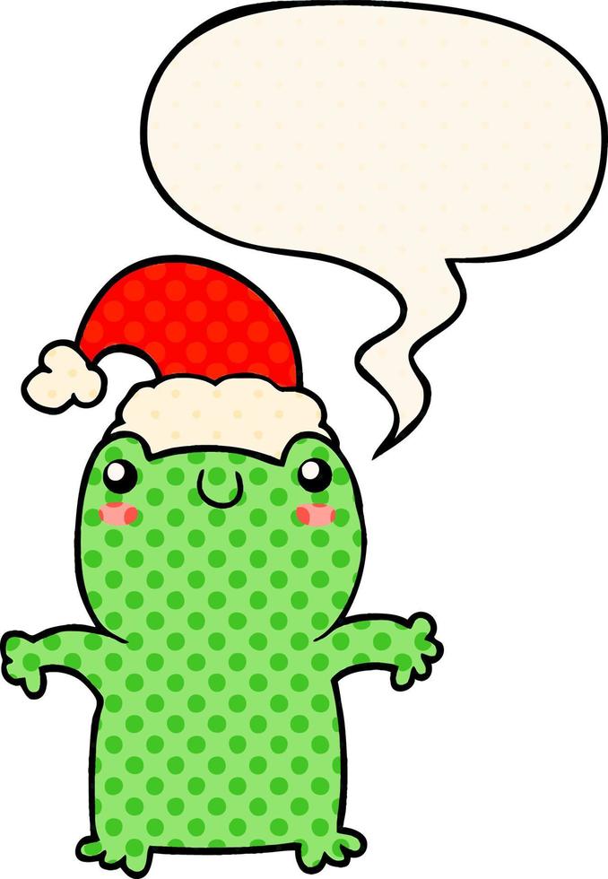 grenouille de dessin animé mignon portant un chapeau de noël et une bulle de dialogue dans le style de la bande dessinée vecteur