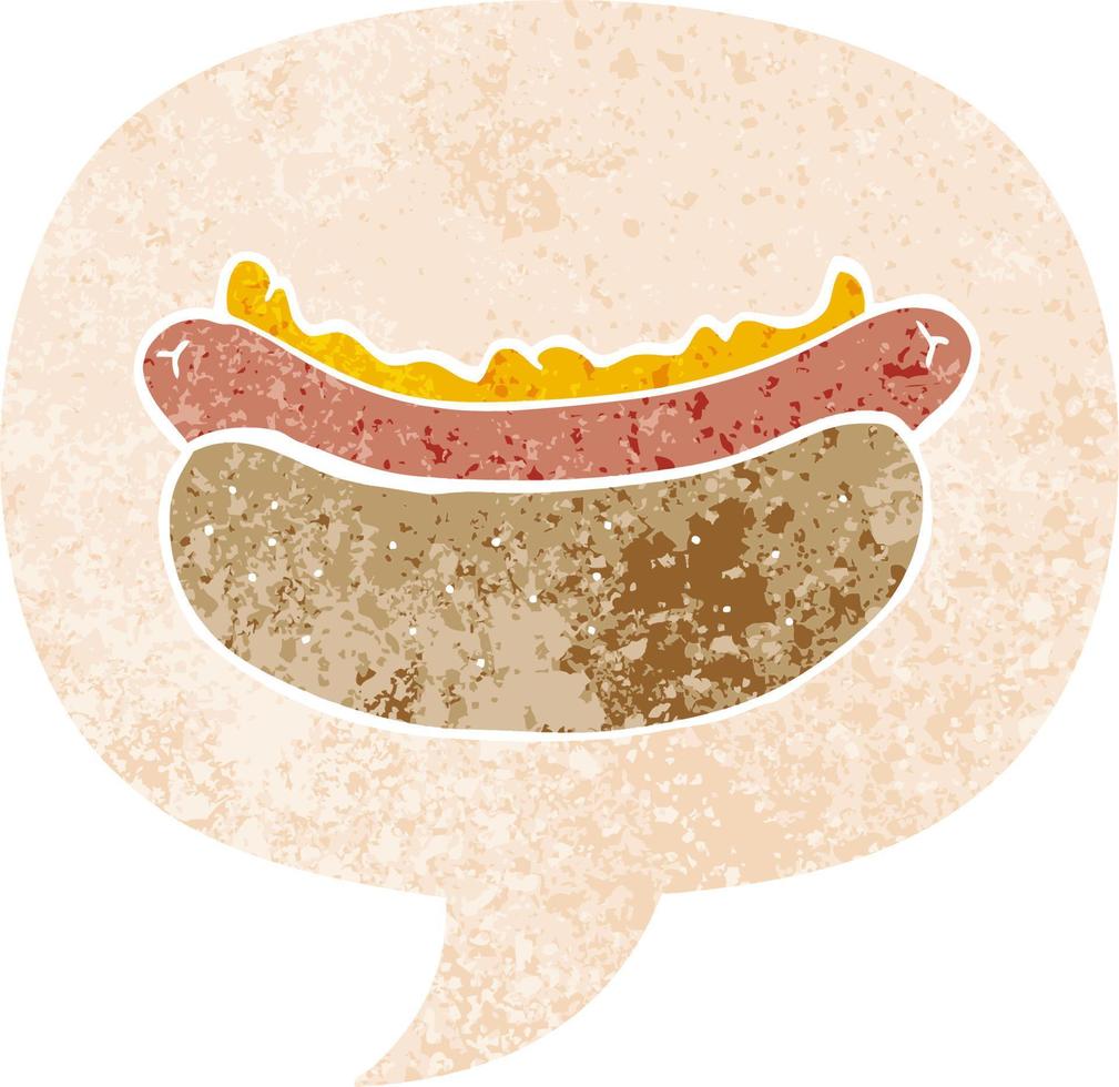 dessin animé hot-dog et bulle de dialogue dans un style texturé rétro vecteur