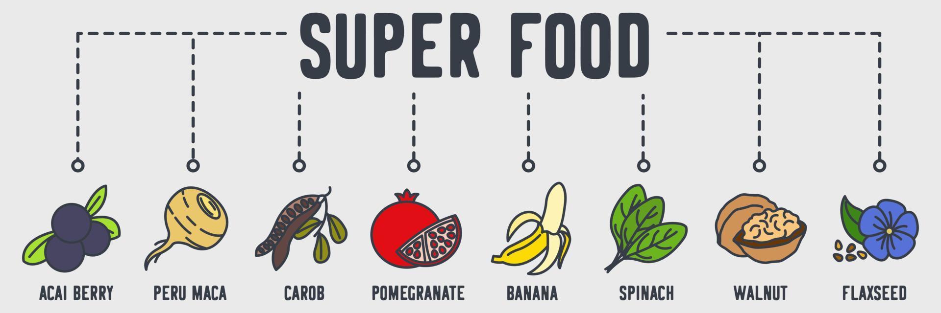 icône web bannière super alimentaire. baie d'açai, maca du pérou, caroube, grenade, banane, épinards, noix, concept d'illustration vectorielle de graines de lin. vecteur
