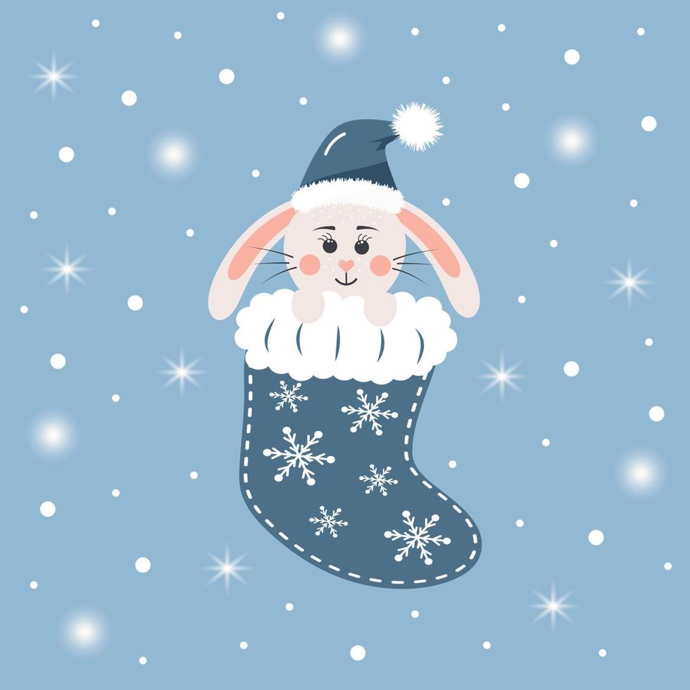 un mignon bébé lapin dans une chaussette de noël. personnage du nouvel an avec neige et lumières. vecteur