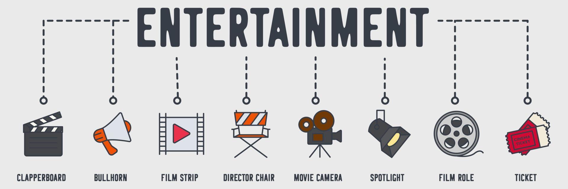 icône web de bannière de divertissement de cinéma. clap, mégaphone, bande de film, chaise de réalisateur, caméra de cinéma, projecteur, rôle de film, concept d'illustration vectorielle de billet. vecteur