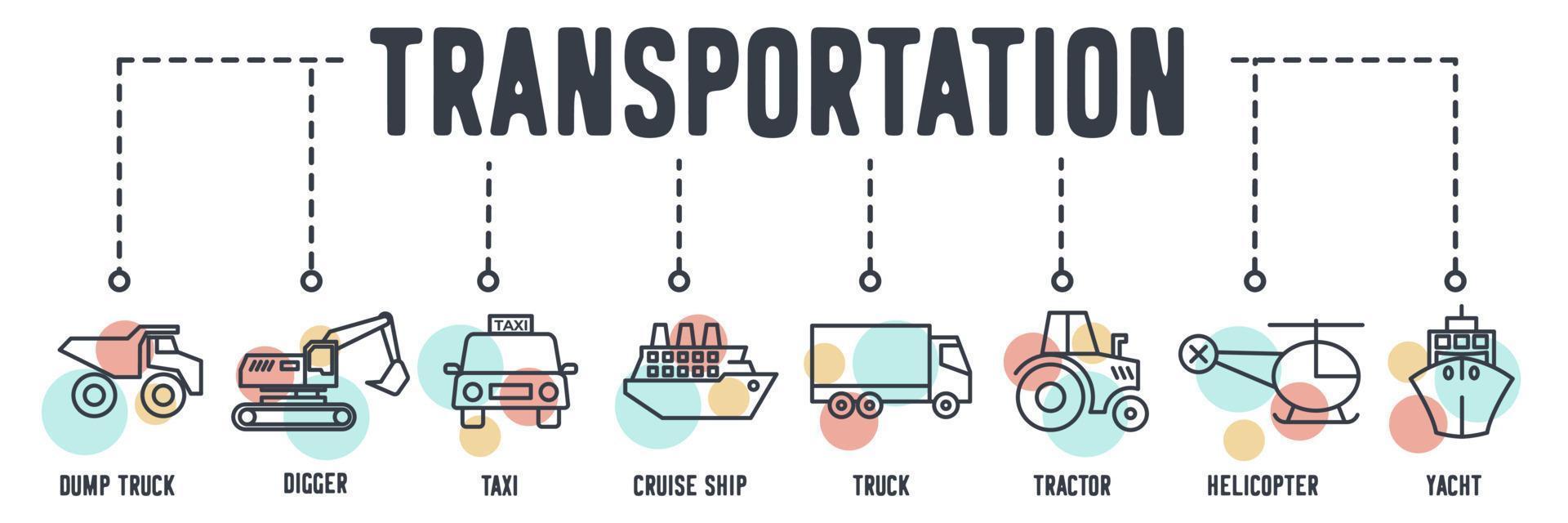 icône web de bannière de véhicule de transport. camion à benne basculante, tram, taxi, bateau de croisière, camion, tracteur, hélicoptère, yacht, concept d'illustration vectorielle de chariot élévateur. vecteur