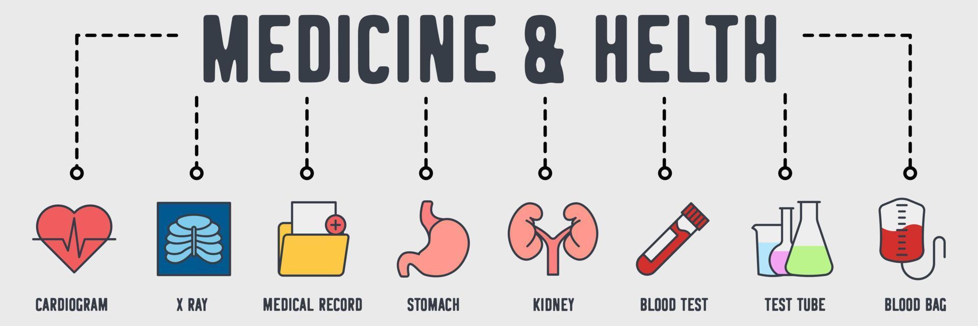 icône web bannière médecine et santé. cardiogramme, rayons X, dossier médical, estomac, rein, test sanguin, tube à essai, concept d'illustration vectorielle de sac de sang. vecteur