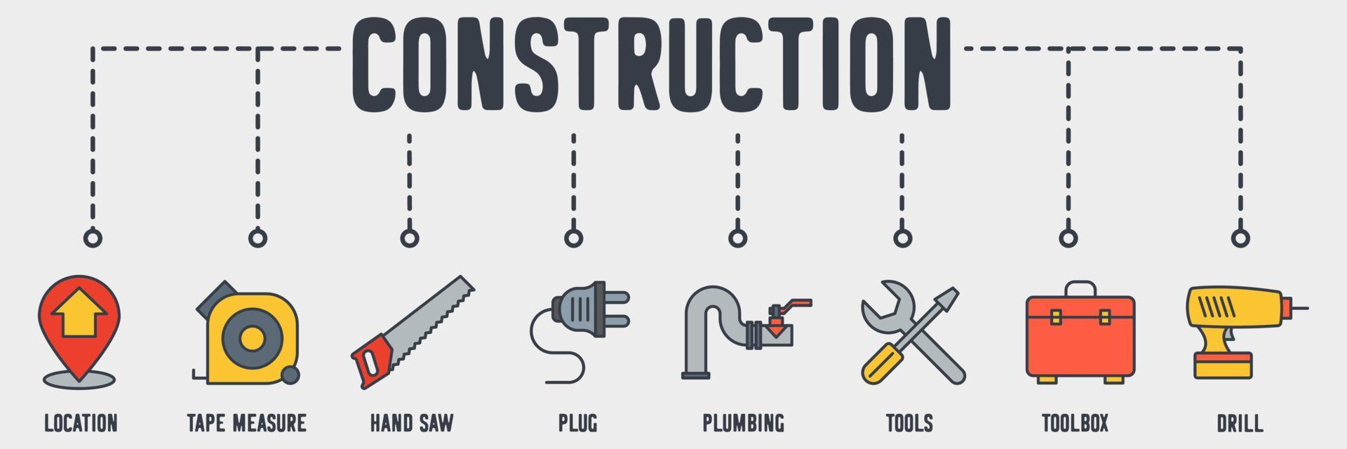 icône web de bannière de construction. porte, crayon et règle, pinceau, nuance de couleur, rouleau à peinture, seau de peinture, fenêtre, concept d'illustration vectorielle clé de maison. vecteur