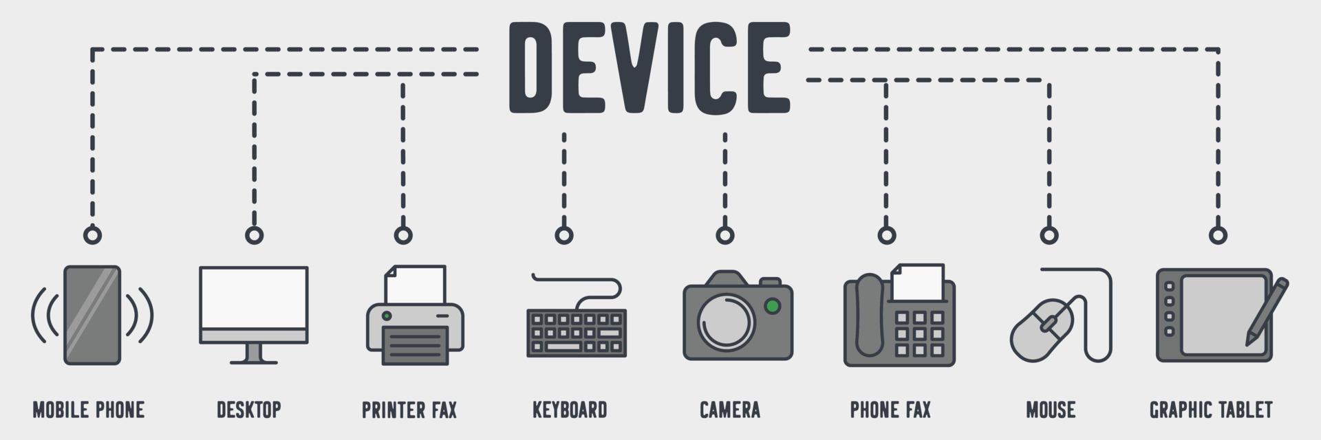 icône web de périphérique de technologie. téléphone portable, ordinateur de bureau, imprimante fax, clavier, appareil photo, téléphone fax, souris, concept d'illustration vectorielle de tablette graphique. vecteur