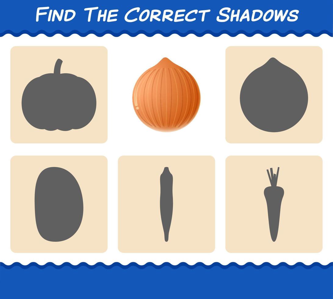 trouver les ombres correctes de l'oignon de dessin animé. jeu de recherche et d'association. jeu éducatif pour les enfants d'âge préscolaire et les tout-petits vecteur