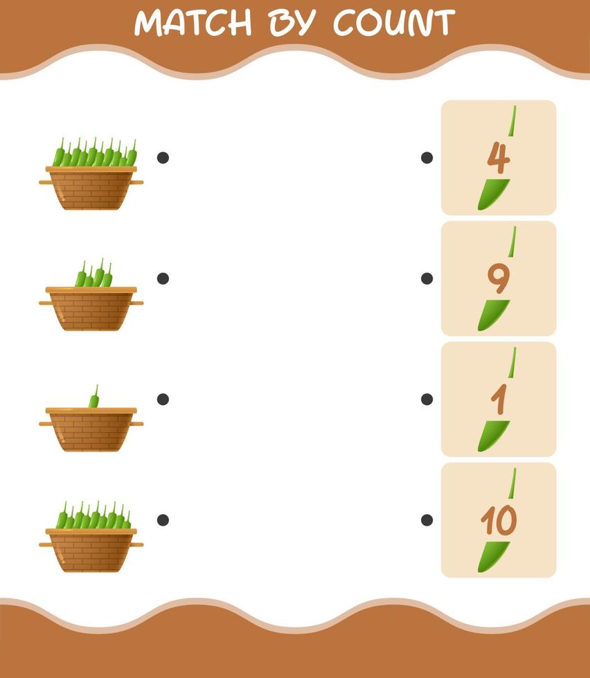 match par nombre de piments verts de dessin animé. match et jeu de comptage. jeu éducatif pour les enfants d'âge préscolaire et les tout-petits vecteur