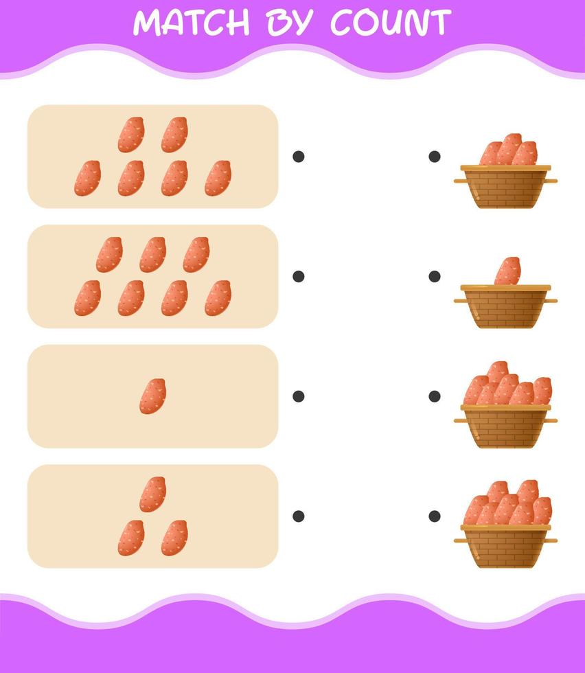 match par nombre de patates douces de dessin animé. match et jeu de comptage. jeu éducatif pour les enfants d'âge préscolaire et les tout-petits vecteur