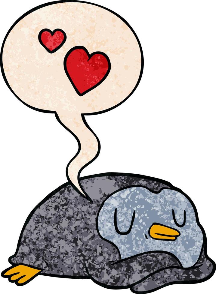 pingouin de dessin animé et coeurs d'amour et bulle de dialogue dans un style de texture rétro vecteur